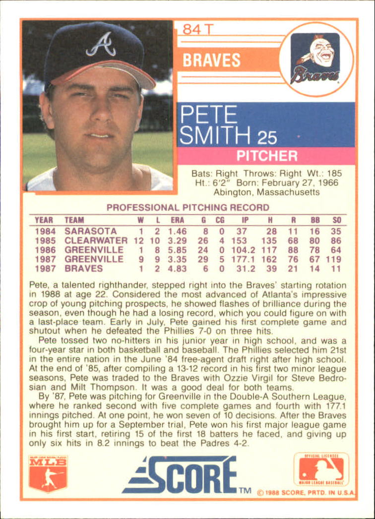 1988 Score Rookie/Traded #84T Pete Smith XRC* back image