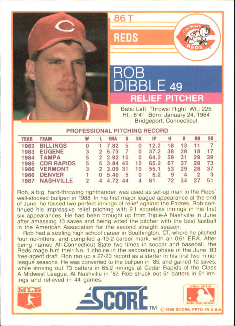 1988 Score Rookie/Traded #86T Rob Dibble XRC back image