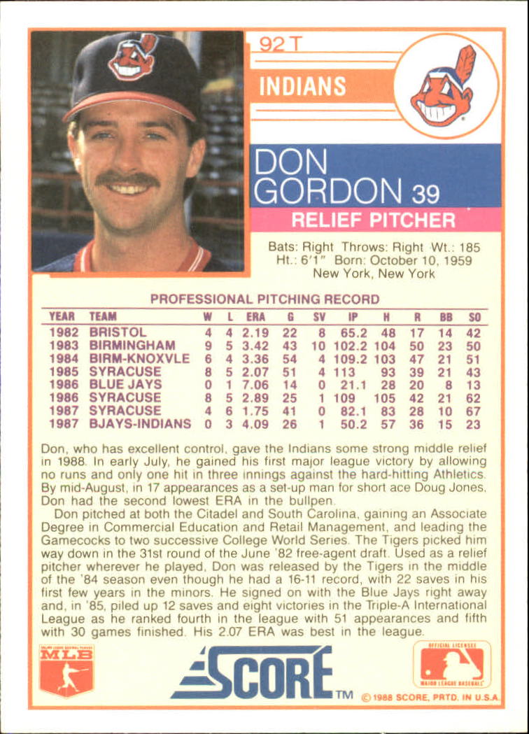 1988 Score Rookie/Traded #92T Don Gordon back image