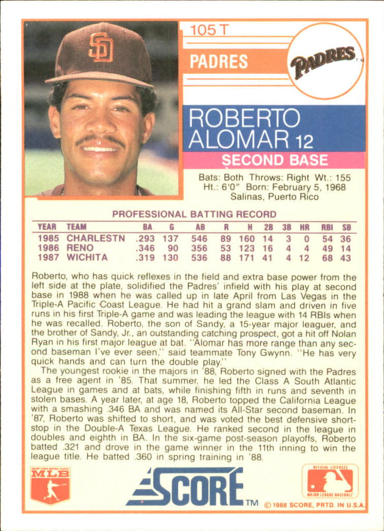 1988 Score Rookie/Traded #105T Roberto Alomar XRC back image
