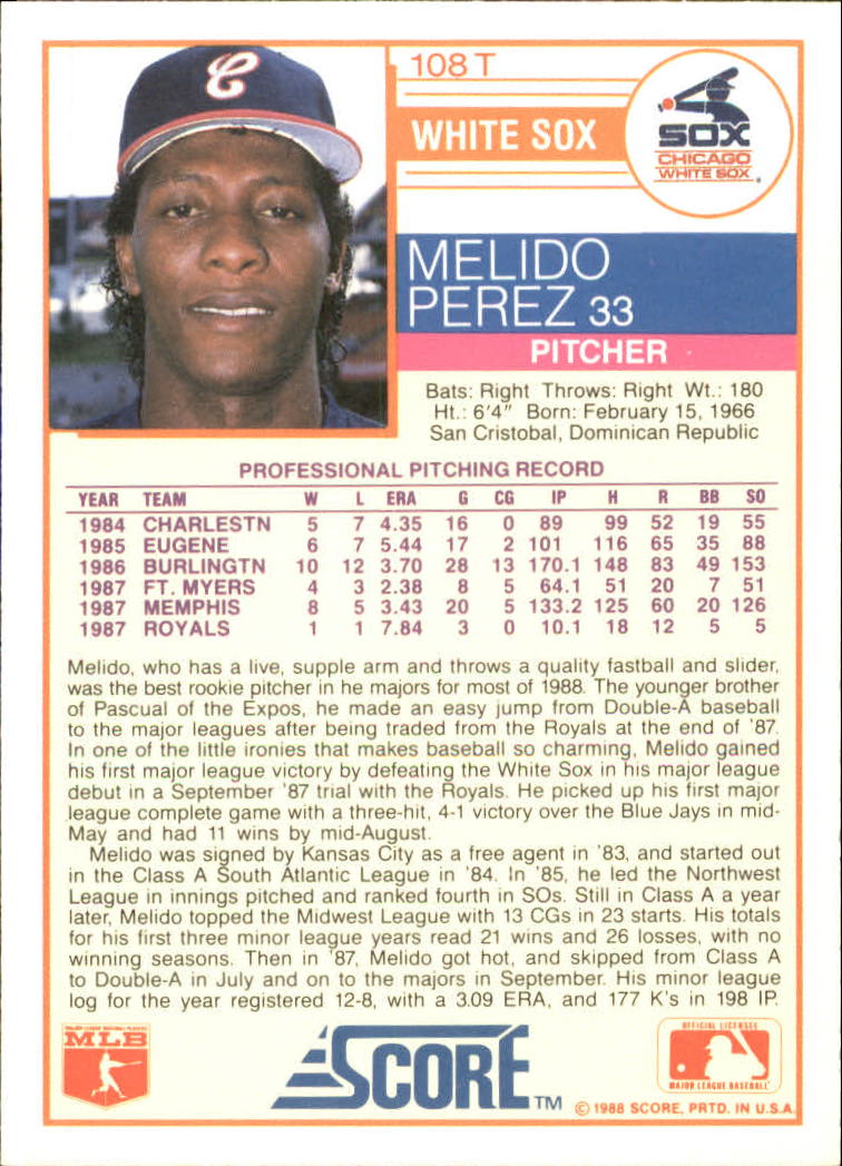 1988 Score Rookie/Traded #108T Melido Perez XRC* back image
