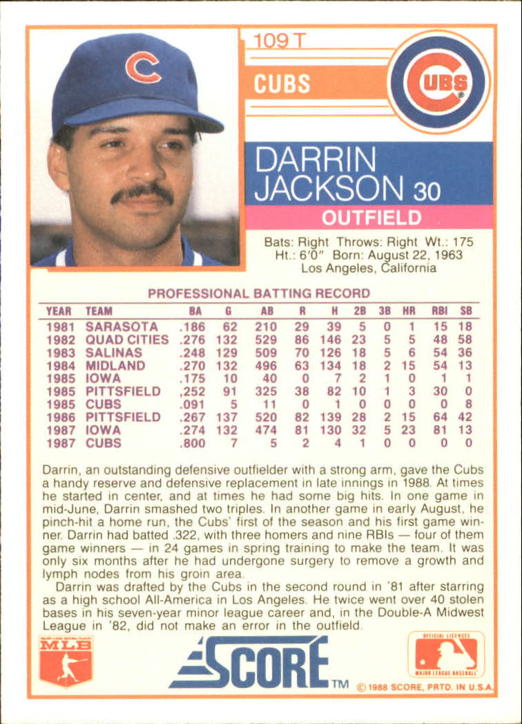 1988 Score Rookie/Traded #109T Darrin Jackson XRC* back image