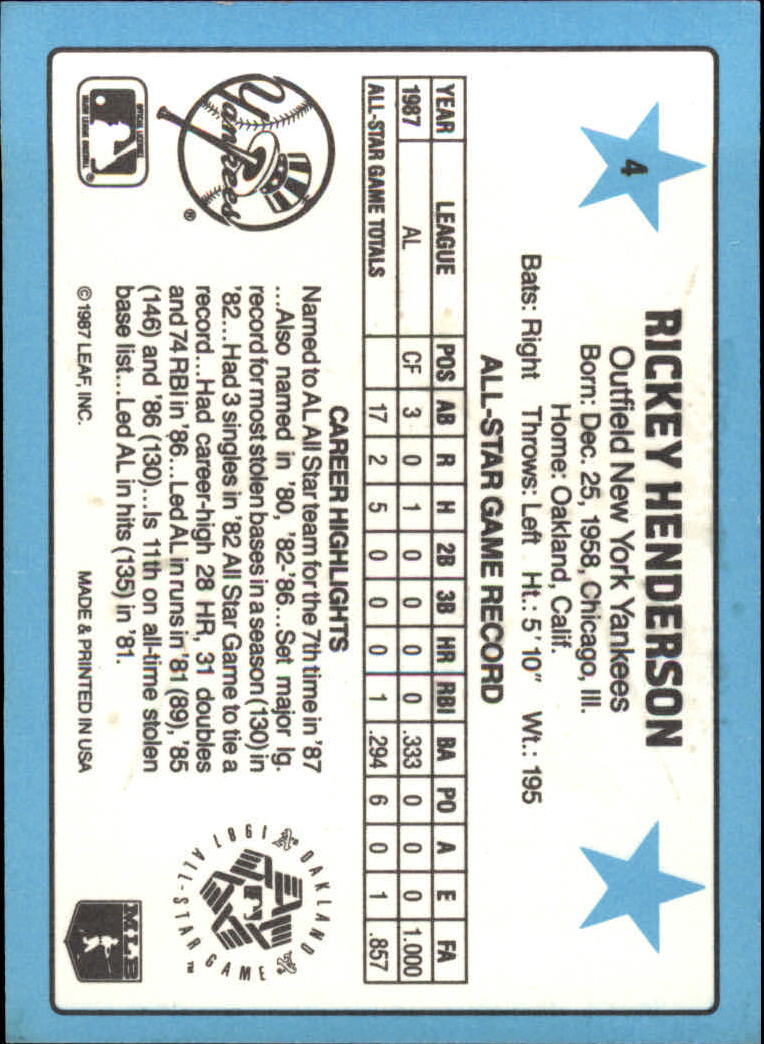 1988 Donruss All-Stars #4 Rickey Henderson back image