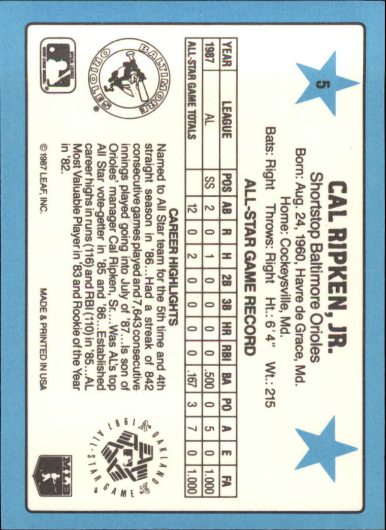 1988 Donruss All-Stars #5 Cal Ripken back image