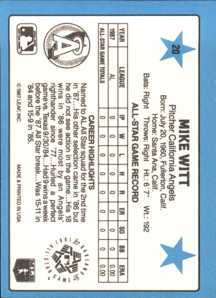 1988 Donruss All-Stars #20 Mike Witt back image