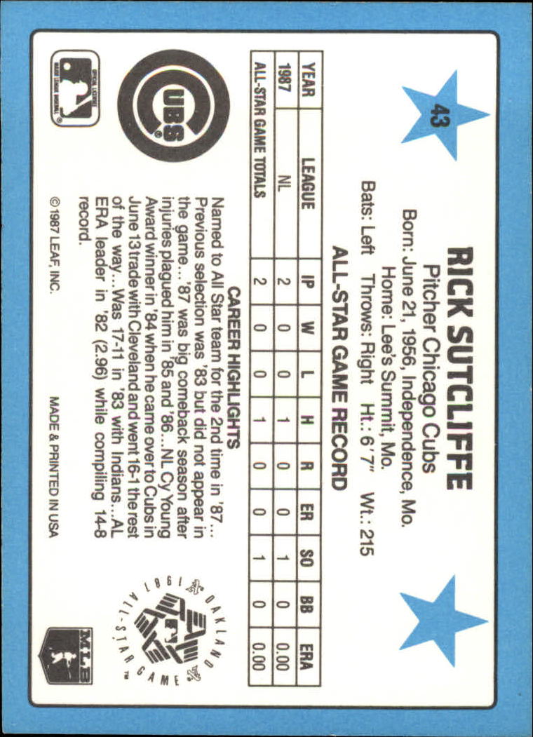 1988 Donruss All-Stars #43 Rick Sutcliffe back image