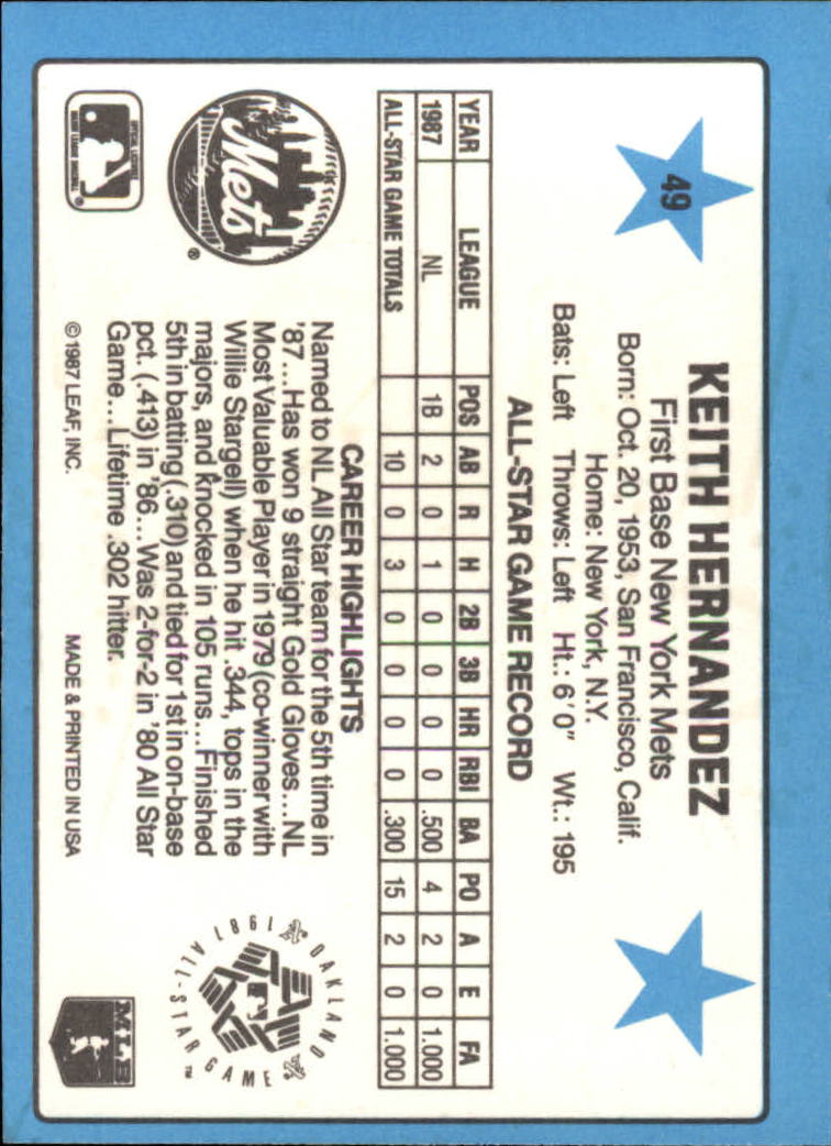 1988 Donruss All-Stars #49 Keith Hernandez back image