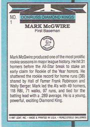 1988 Donruss Super DK's #1 Mark McGwire back image