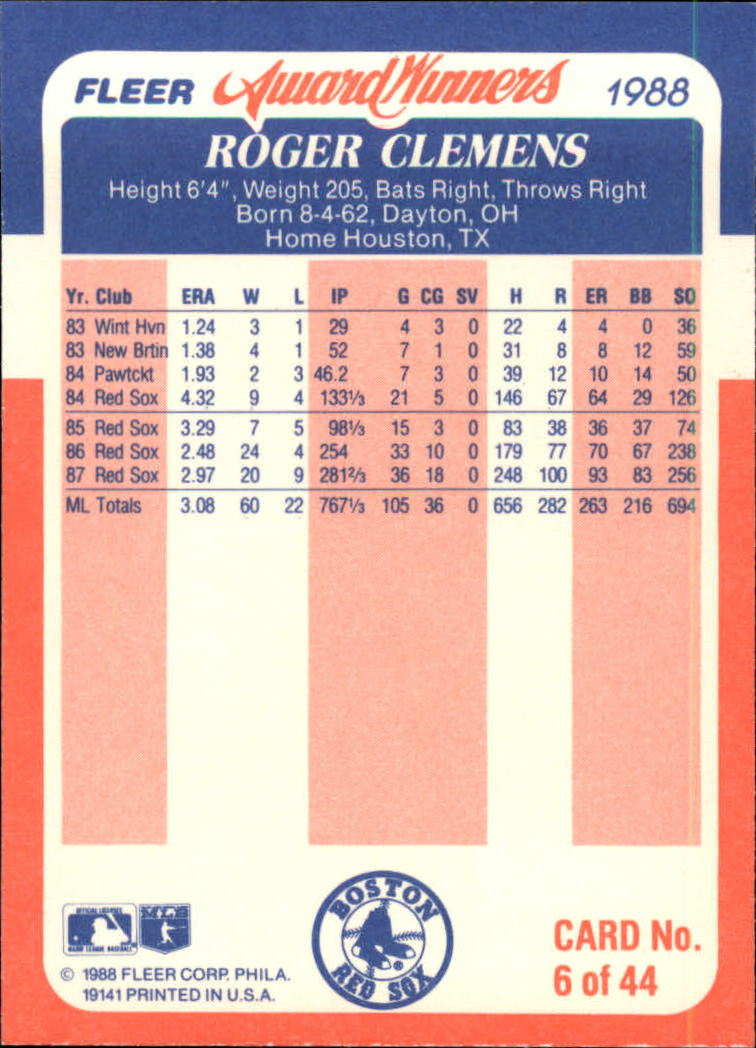 1988 Fleer Award Winners #6 Roger Clemens back image