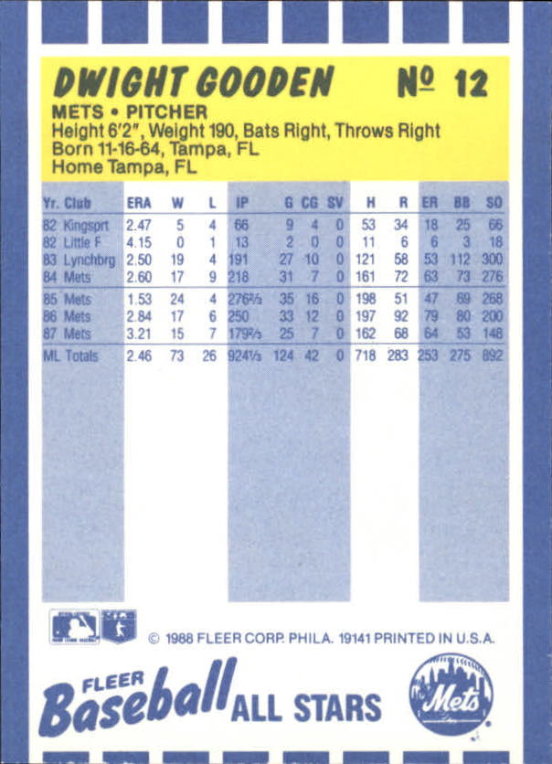 1988 Fleer Baseball All-Stars #12 Dwight Gooden back image