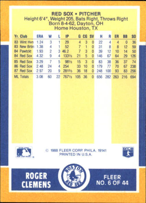 1988 Fleer Baseball MVP's #6 Roger Clemens back image