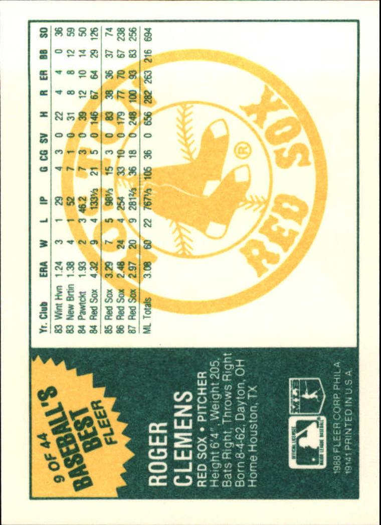 1988 Fleer Sluggers/Pitchers #9 Roger Clemens back image