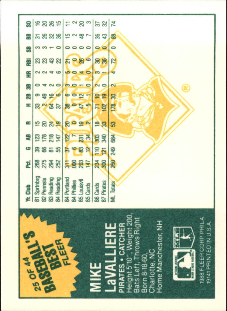 1988 Fleer Sluggers/Pitchers #25 Mike LaValliere back image