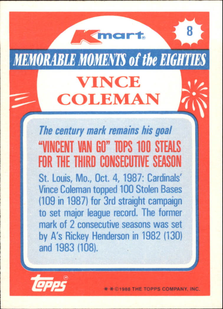 1988 K-Mart #8 Vince Coleman back image