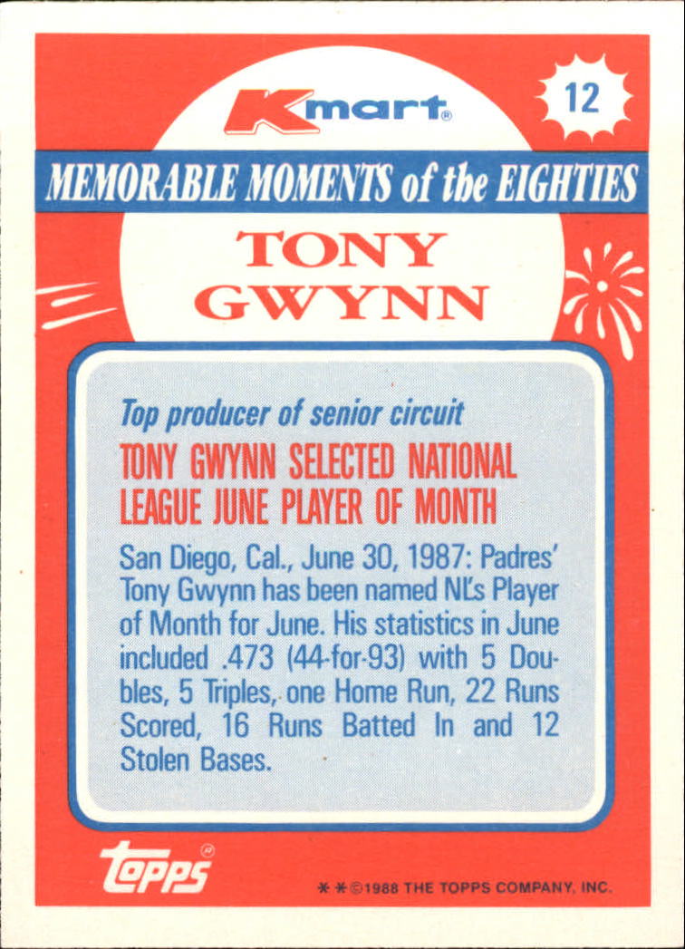 1988 K-Mart #12 Tony Gwynn back image