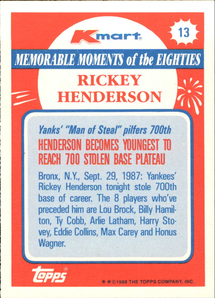 1988 K-Mart #13 Rickey Henderson back image