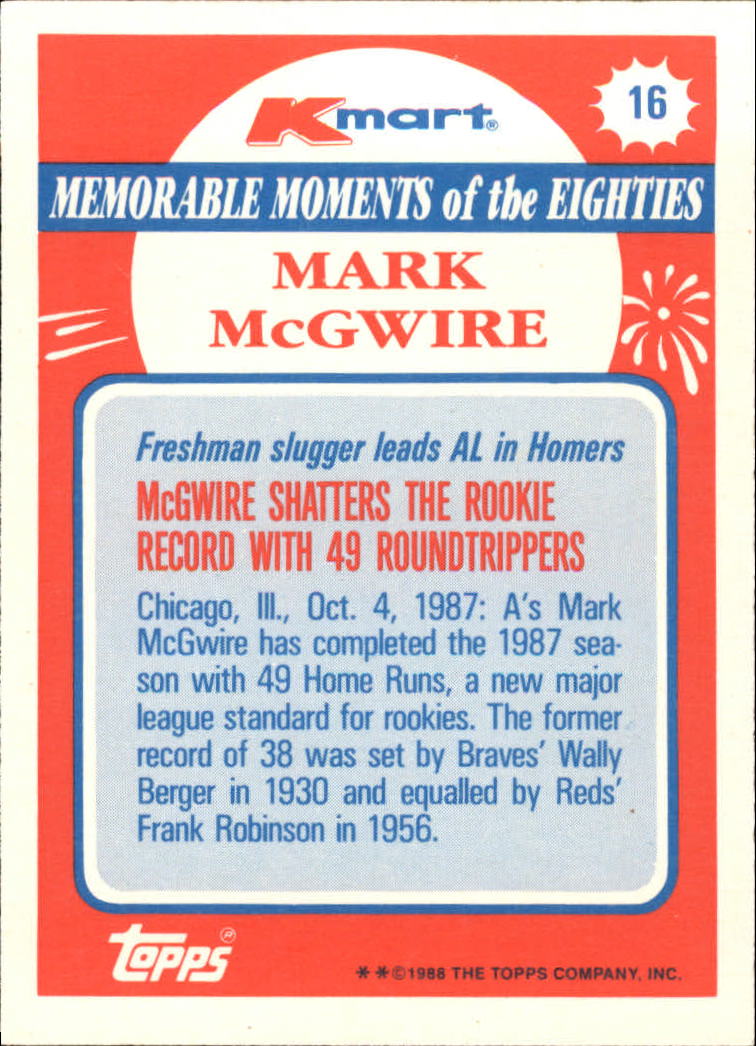 1988 K-Mart #16 Mark McGwire back image
