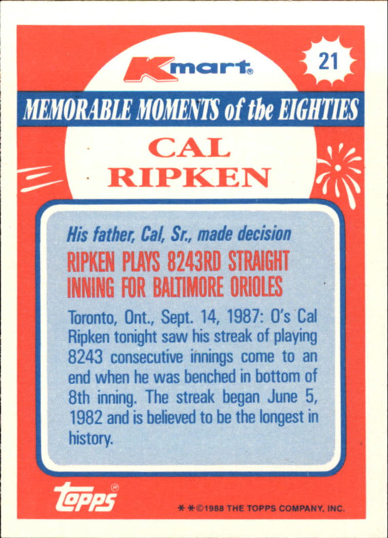 1988 K-Mart #21 Cal Ripken back image