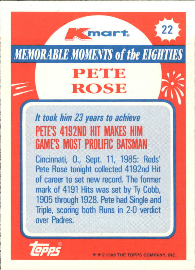 1988 K-Mart #22 Pete Rose back image