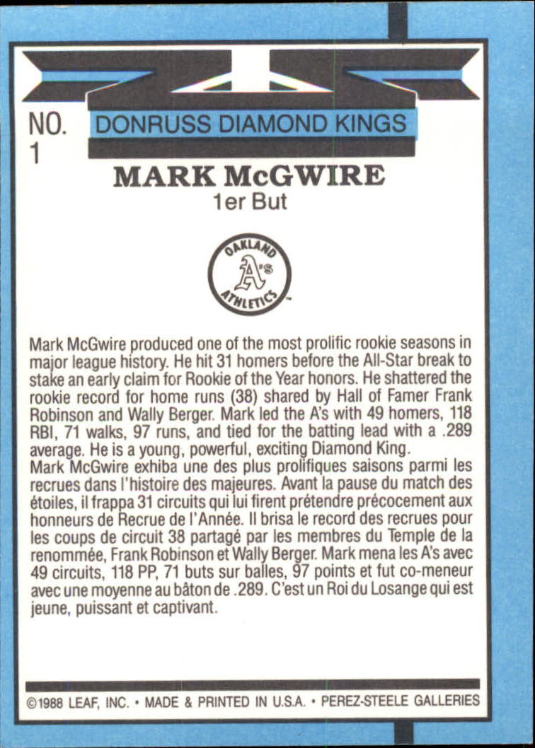 1988 Leaf/Donruss #1 Mark McGwire DK back image