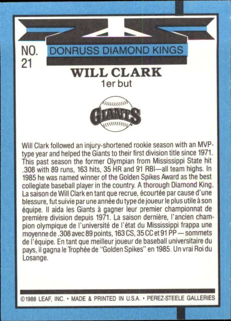 1988 Leaf/Donruss #21 Will Clark DK back image