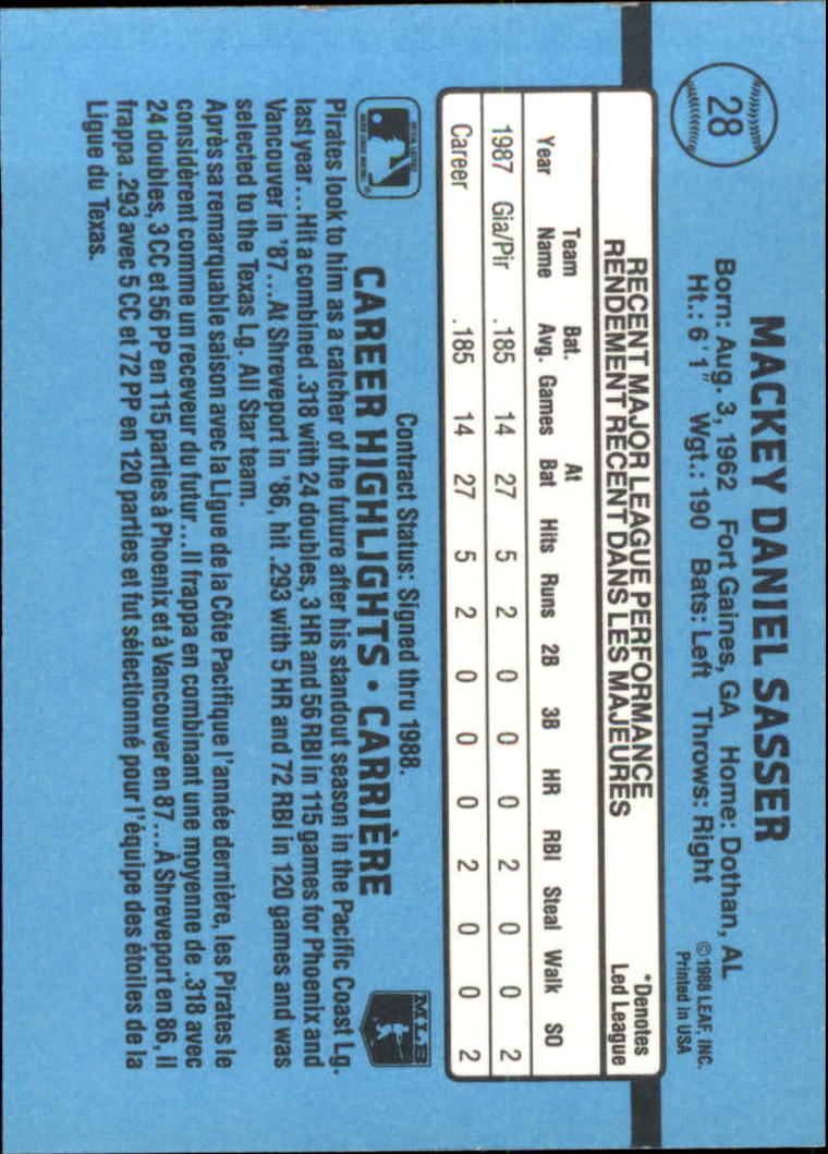 1988 Leaf/Donruss #28 Mackey Sasser RR RC back image