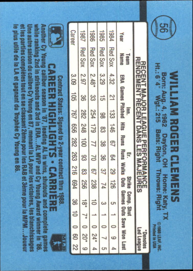 1988 Leaf/Donruss #56 Roger Clemens back image