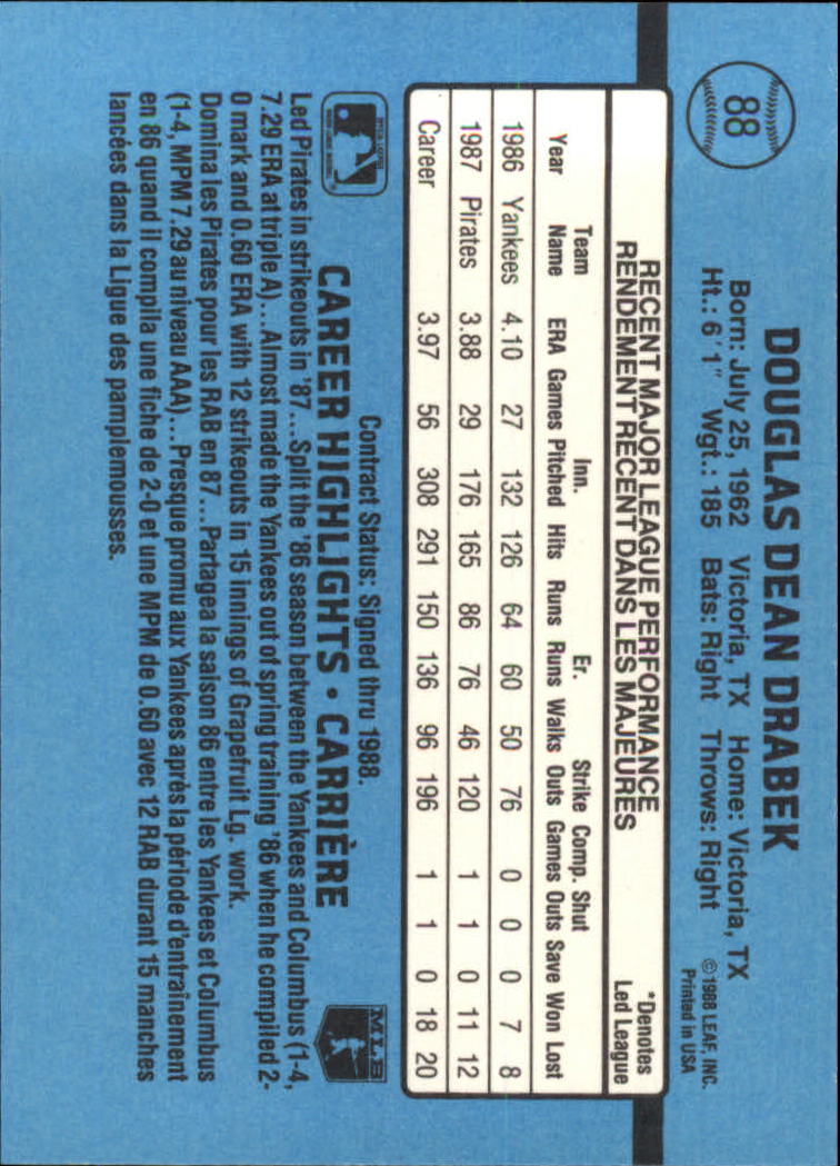 1988 Leaf/Donruss #88 Doug Drabek back image