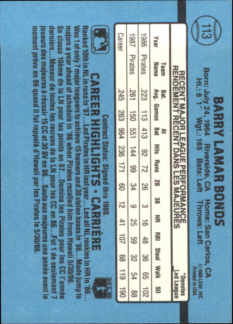 1988 Leaf/Donruss #113 Barry Bonds back image