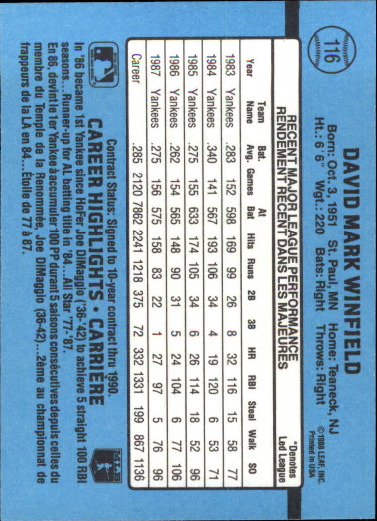 1988 Leaf/Donruss #116 Dave Winfield back image