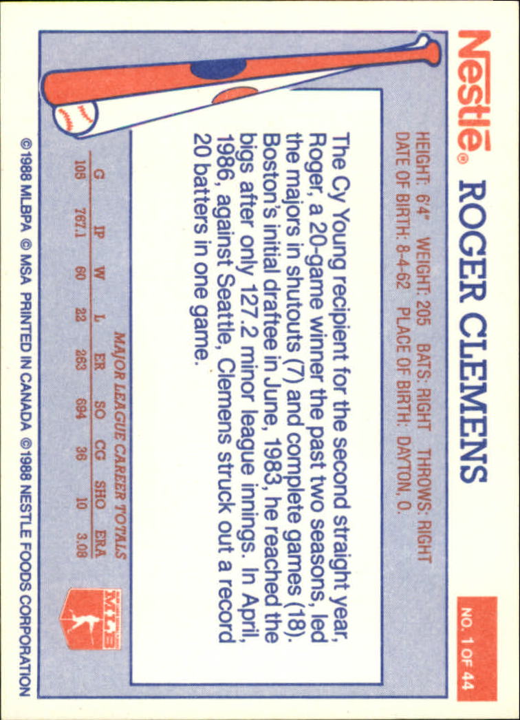 1988 Nestle #1 Roger Clemens back image