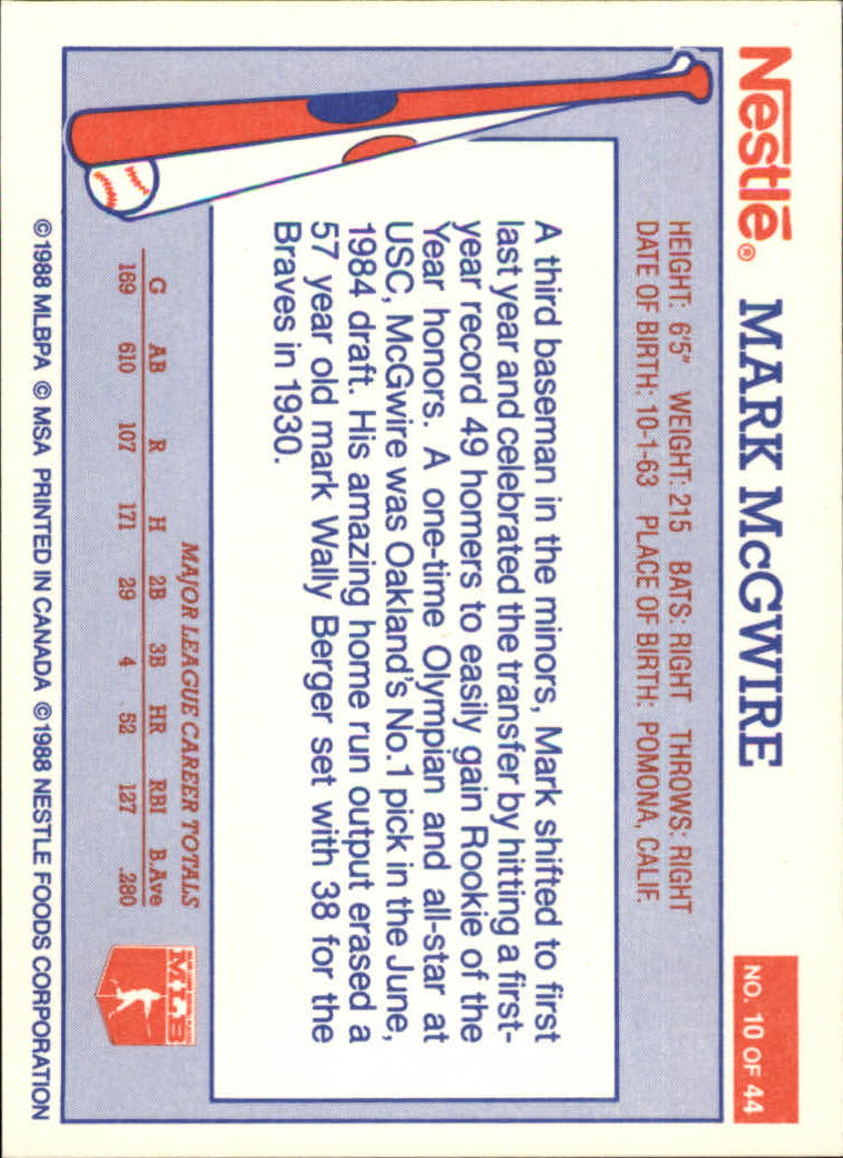 1988 Nestle #10 Mark McGwire back image