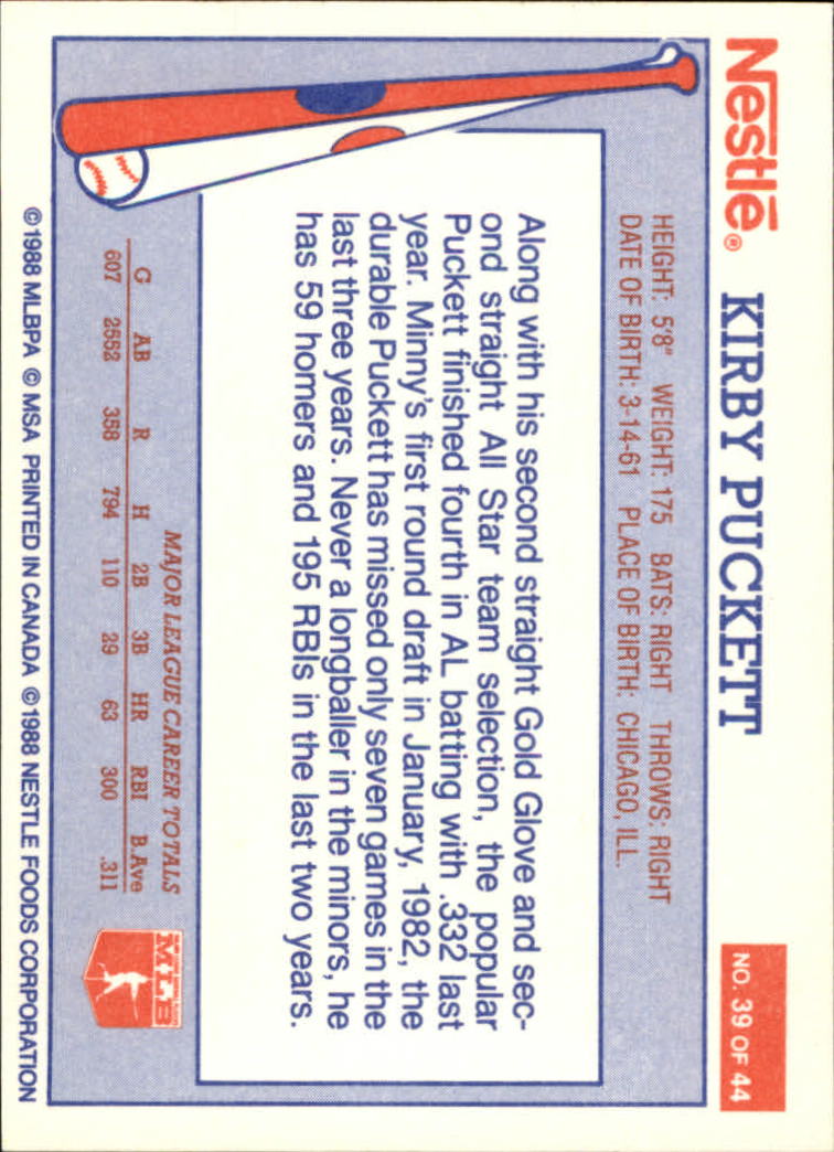 1988 Nestle #39 Kirby Puckett back image