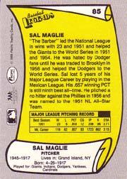 1988 Pacific Legends I #85 Sal Maglie UER/(1945-1917 on back) back image