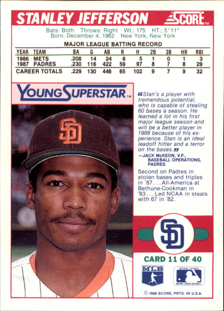 1988 Score Young Superstars I #11 Stanley Jefferson back image