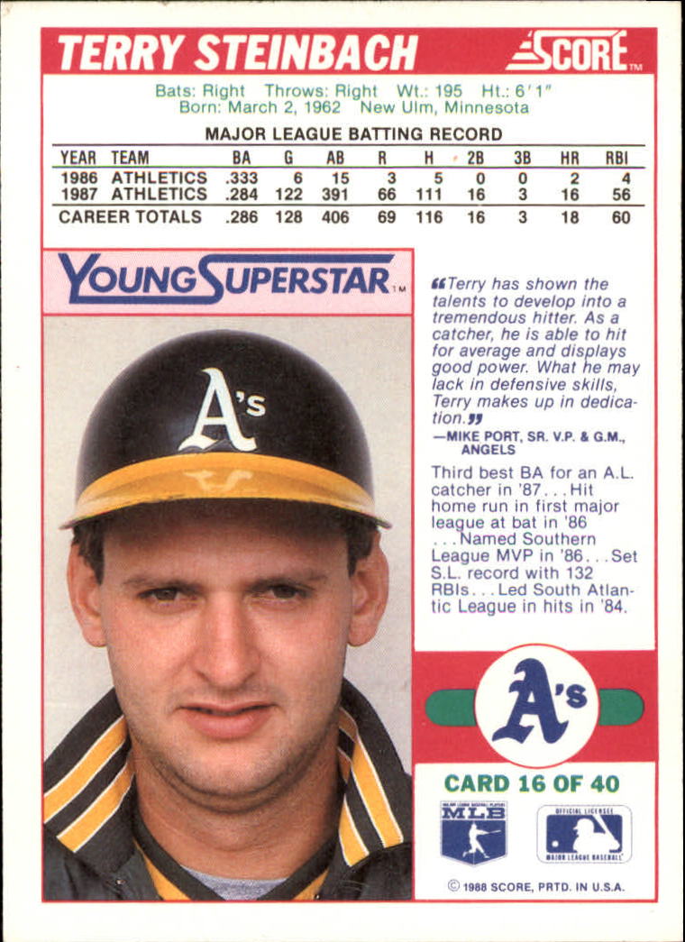 1988 Score Young Superstars I #16 Terry Steinbach back image
