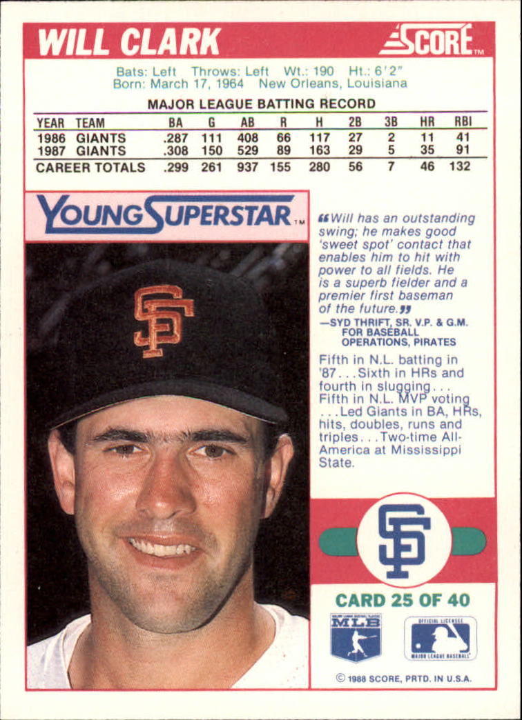 1988 Score Young Superstars I #25 Will Clark back image