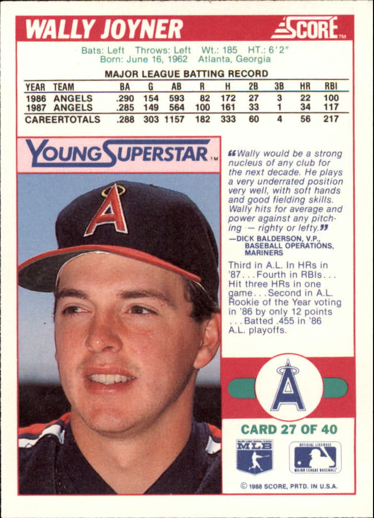 1988 Score Young Superstars I #27 Wally Joyner back image