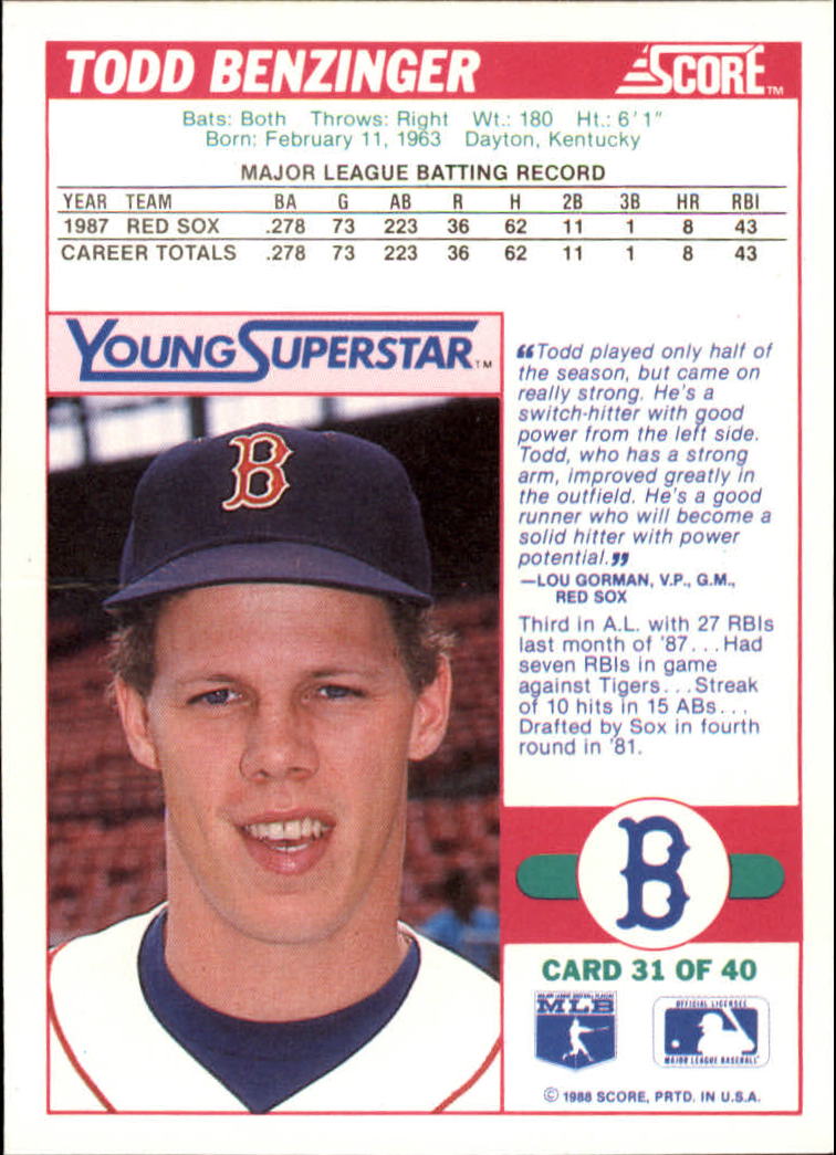 1988 Score Young Superstars I #31 Todd Benzinger back image