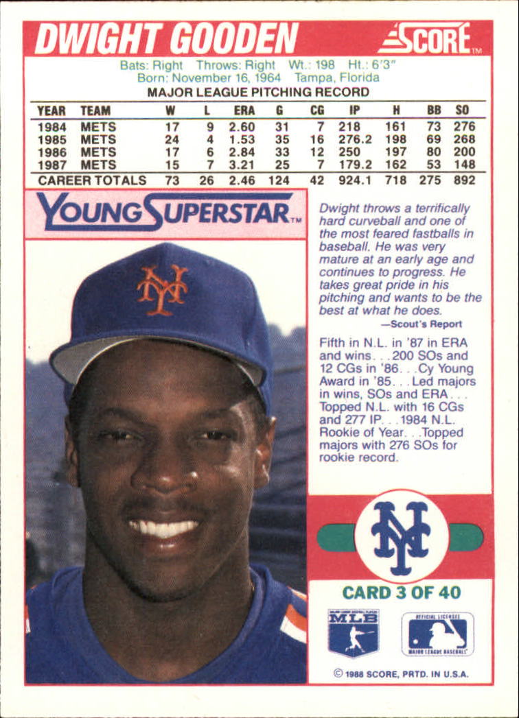 1988 Score Young Superstars II #3 Dwight Gooden back image
