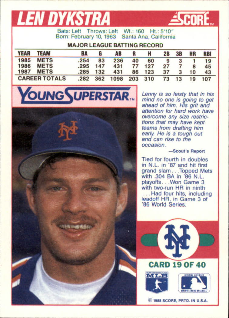 1988 Score Young Superstars II #19 Len Dykstra back image