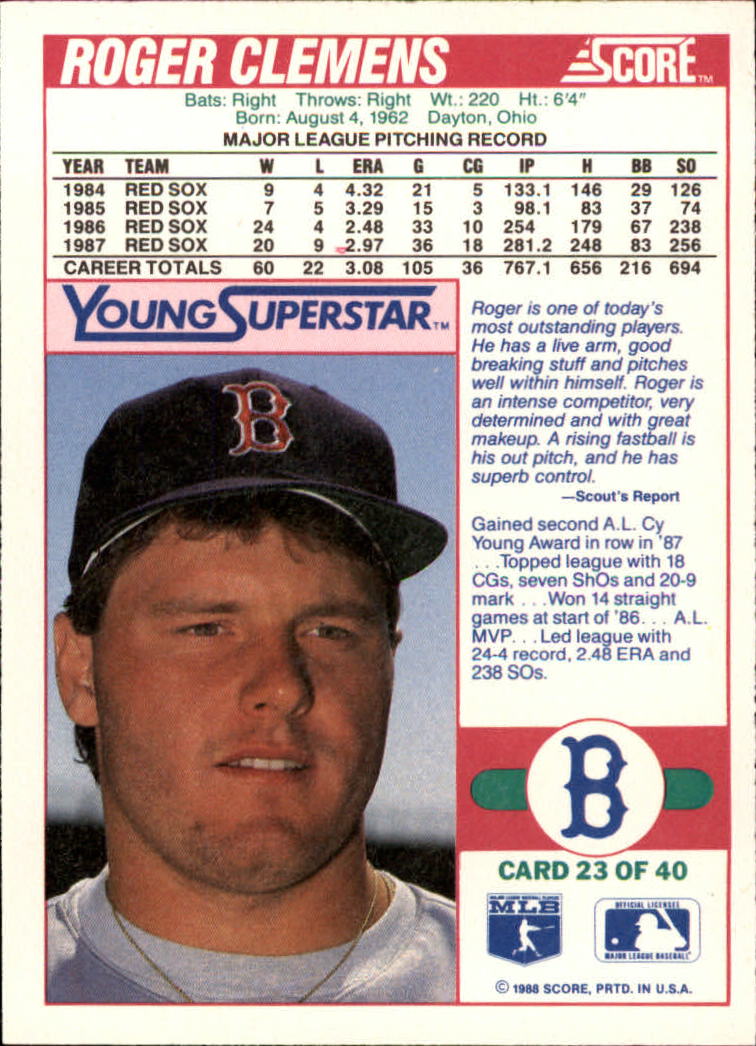 1988 Score Young Superstars II #23 Roger Clemens back image
