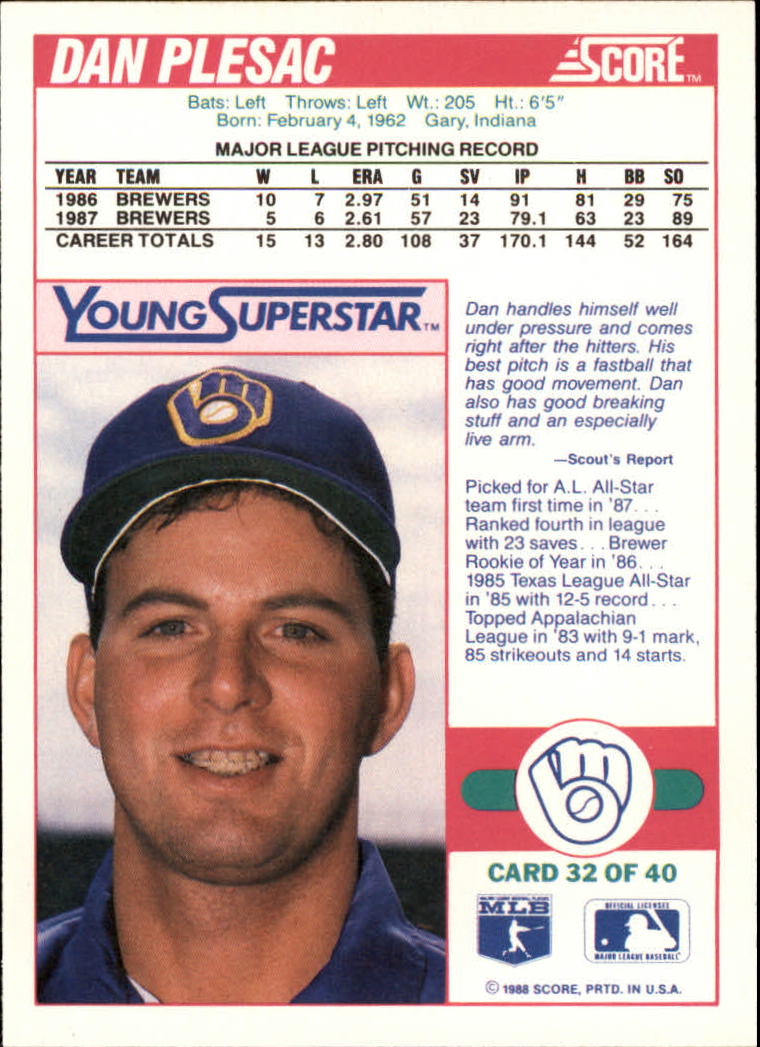 1988 Score Young Superstars II #32 Dan Plesac back image