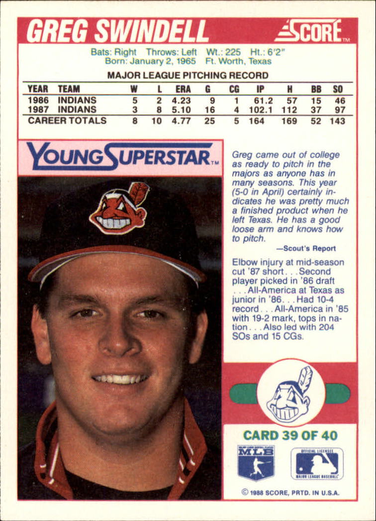 1988 Score Young Superstars II #39 Greg Swindell back image