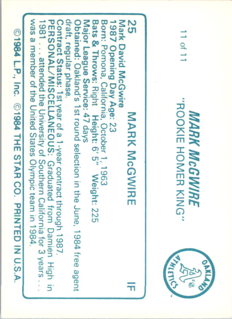 1988 Star McGwire #11 Mark McGwire/Personal Data back image