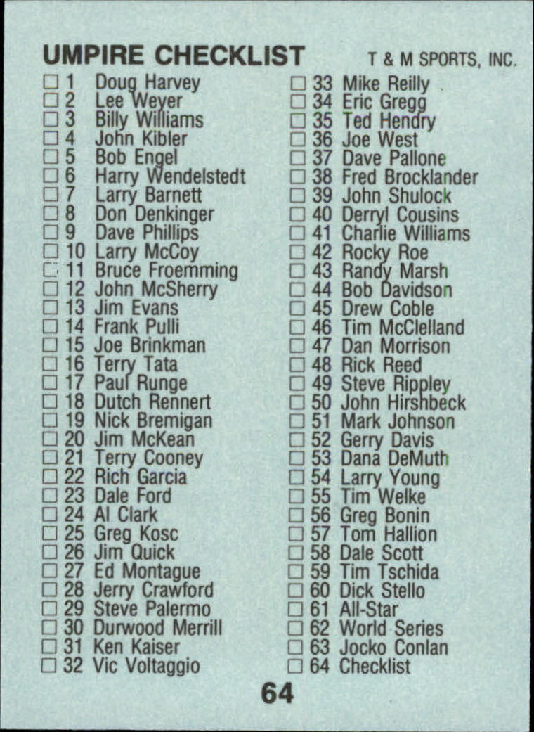 B6497- 1988 T/M Umpires Baseball Card #s 1-64 -You Pick- 15+ FREE US SHIP - Picture 115 of 115
