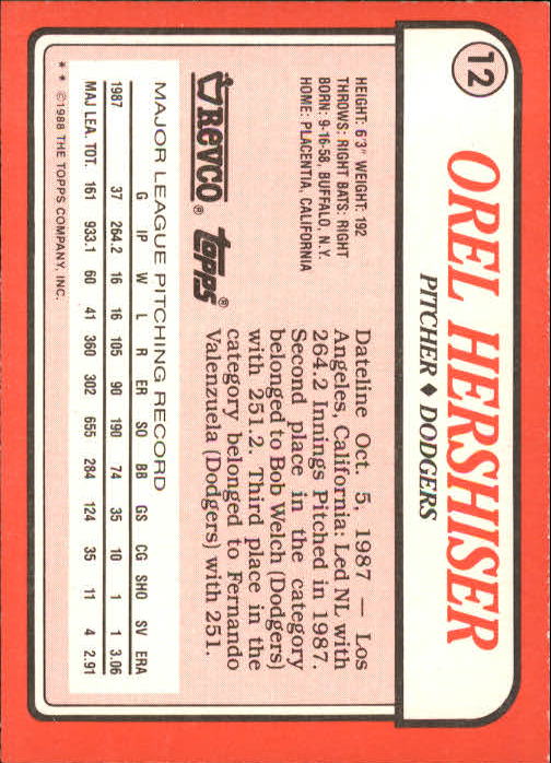 Orel Hershiser 1988 Topps Revco #12 Los Angeles Dodgers