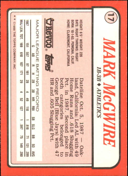 1988 Topps Revco League Leaders #17 Mark McGwire back image