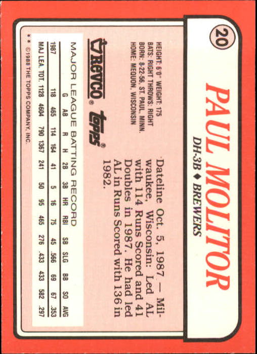 1988 Topps Revco League Leaders #20 Paul Molitor back image