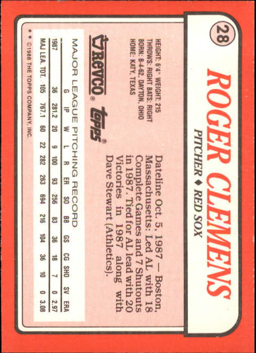 1988 Topps Revco League Leaders #28 Roger Clemens back image